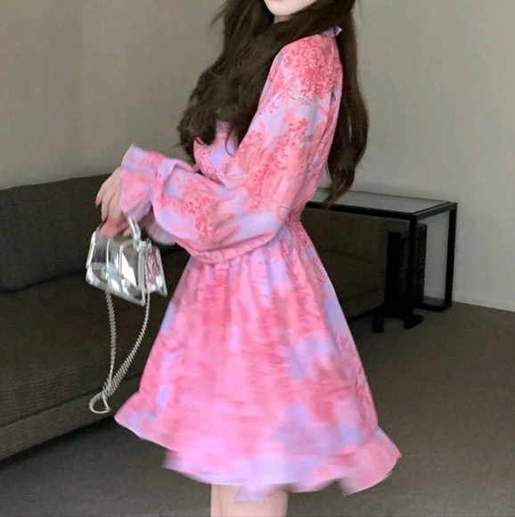 Ladies' Full Print Chiffon Long Sleeve Dress - Picture 2 of 5